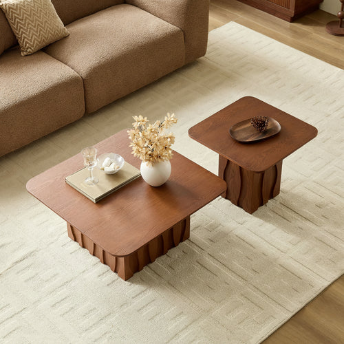 2PCS Nesting Square Coffee Table Set with Wavy Fluted Base