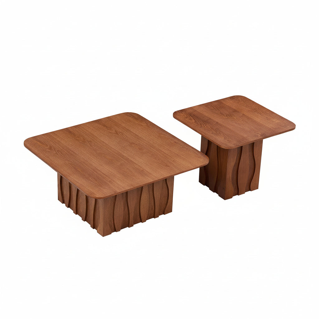 2PCS Nesting Square Coffee Table Set with Wavy Fluted Base