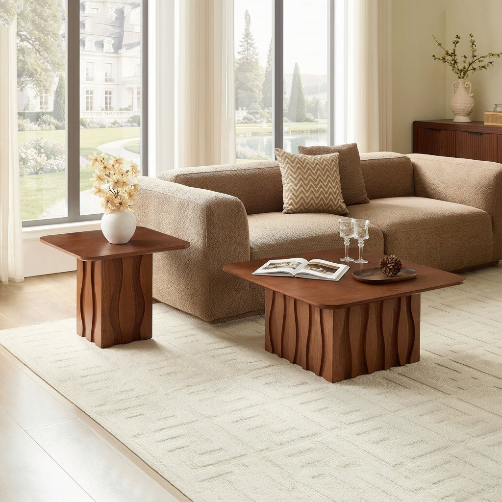 2PCS Nesting Square Coffee Table Set with Wavy Fluted Base