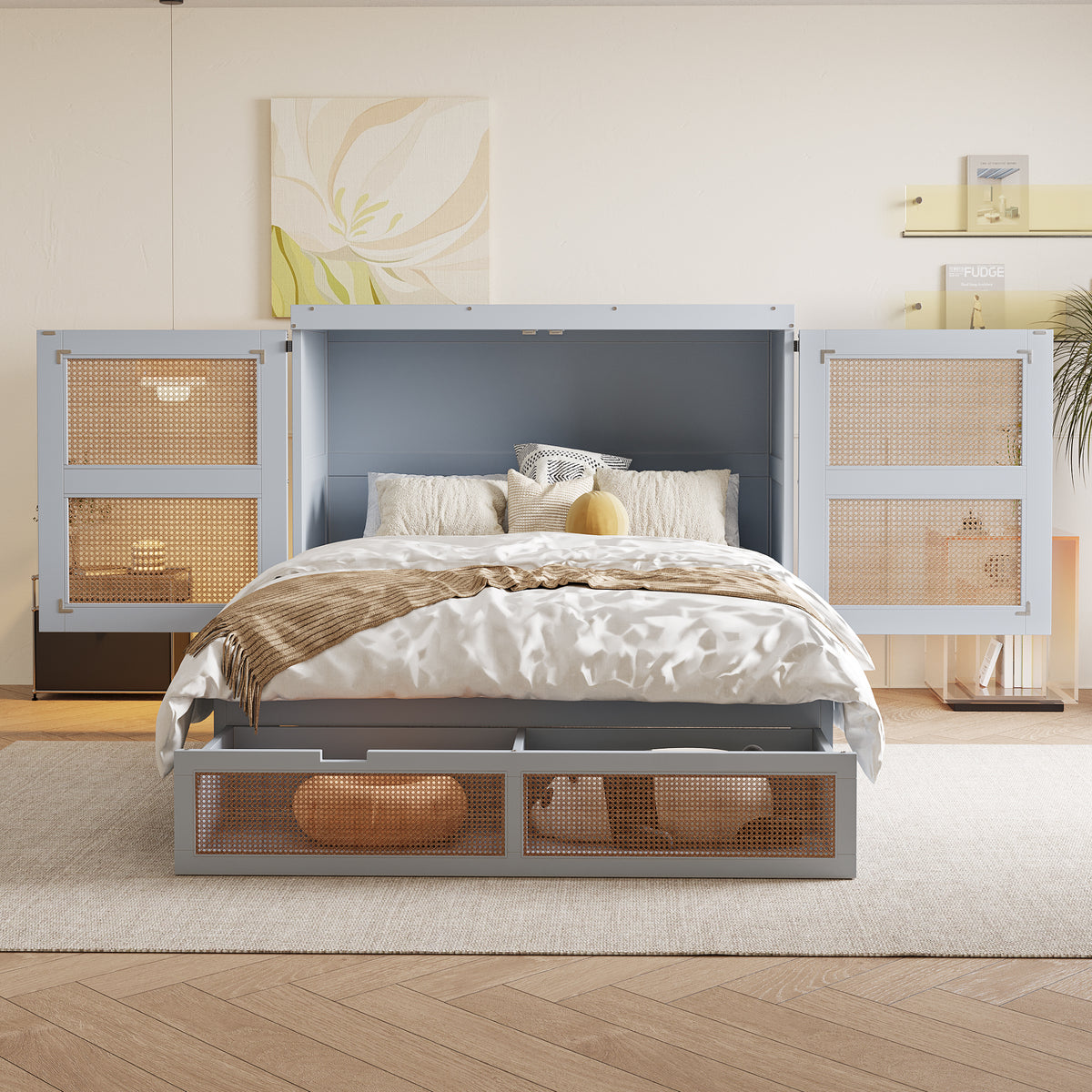 Cabinet Bed 140 × 200 cm with Rattan Storage Drawers