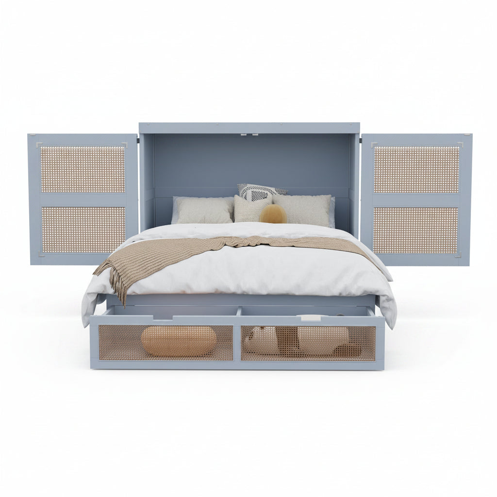 Cabinet Bed 140 × 200 cm with Rattan Storage Drawers