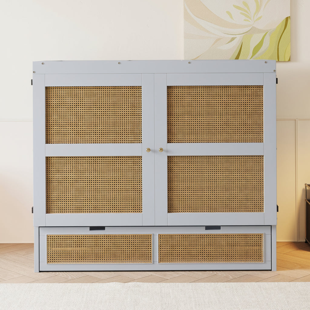 Cabinet Bed 140 × 200 cm with Rattan Storage Drawers
