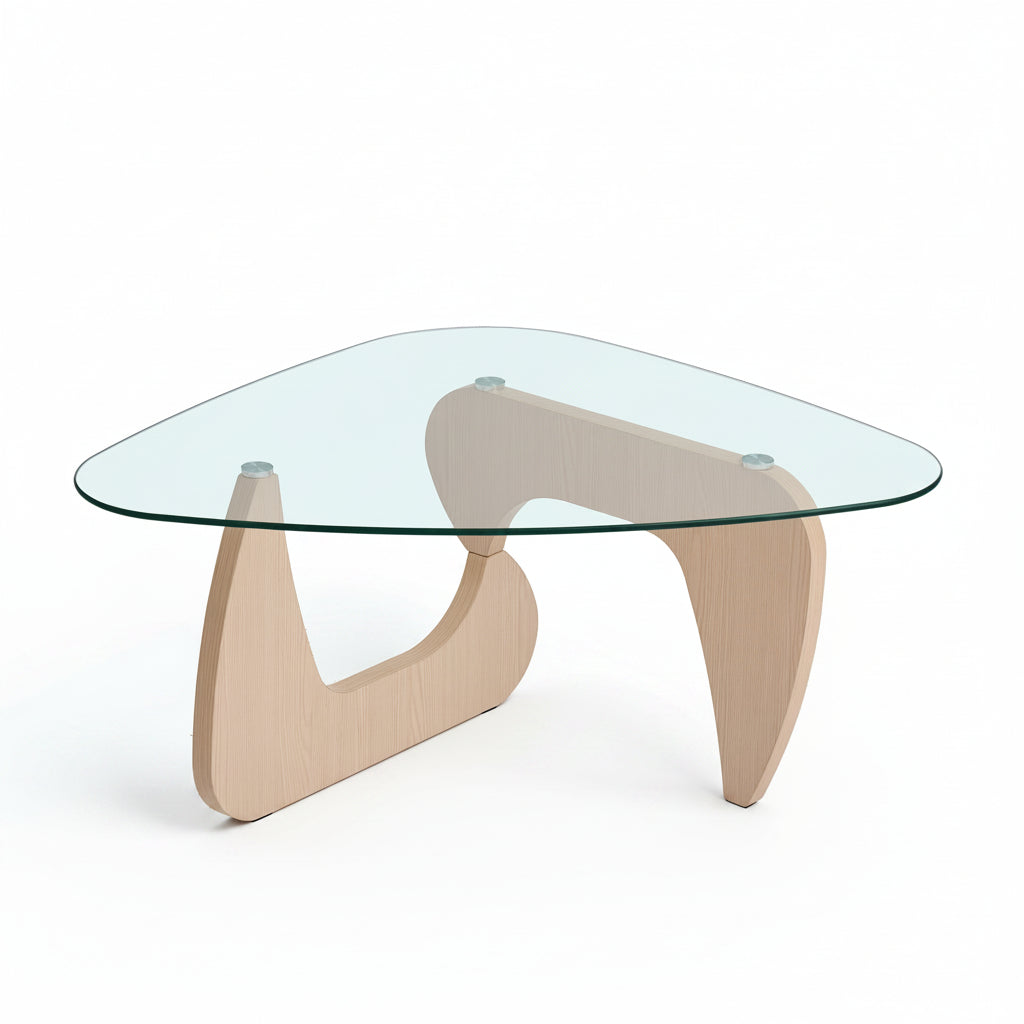Glass Coffee Table with Walnut Brown Mid-Century Wood Base