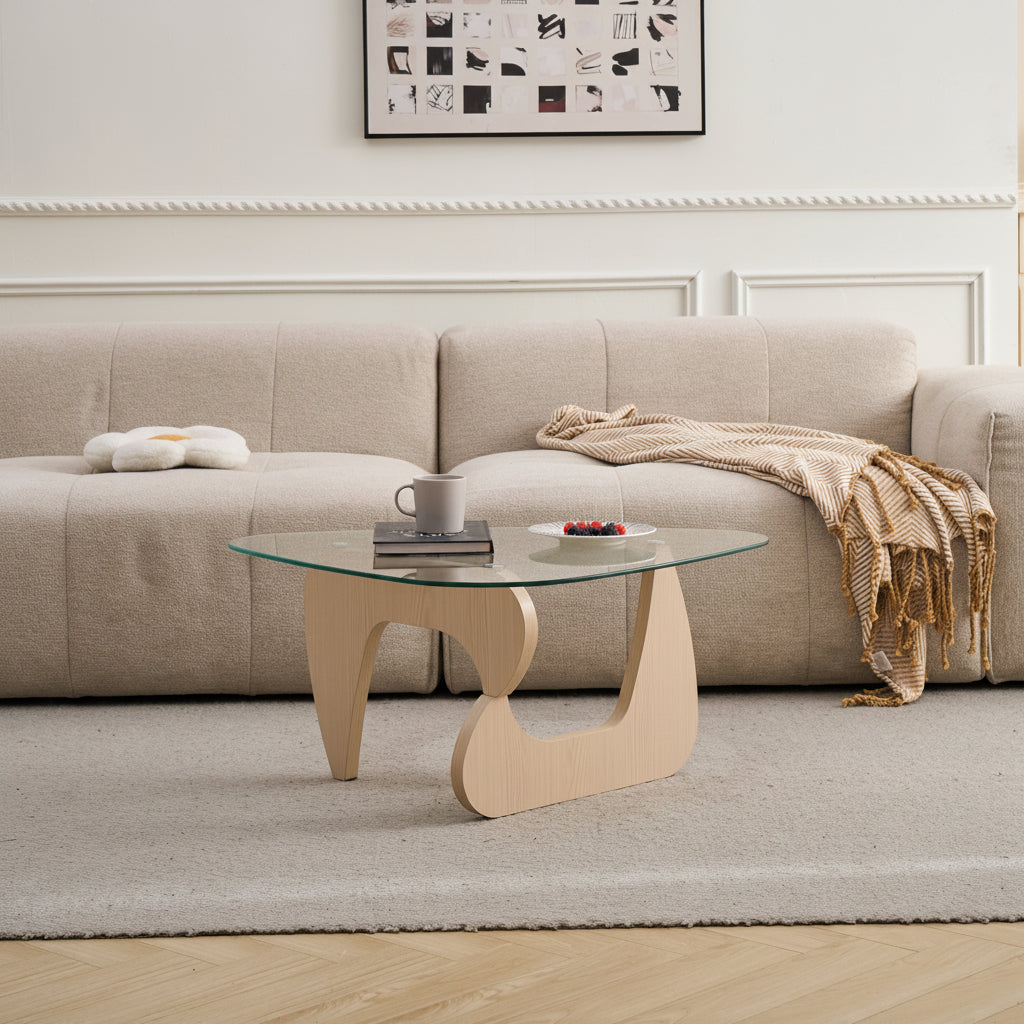 Glass Coffee Table with Walnut Brown Mid-Century Wood Base