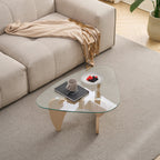 Glass Coffee Table with Walnut Brown Mid-Century Wood Base