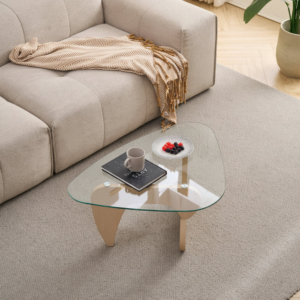 Glass Coffee Table with Walnut Brown Mid-Century Wood Base