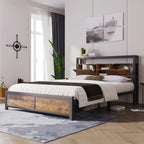 Metal Bed 140 × 200 cm with Storage Headboard Frame