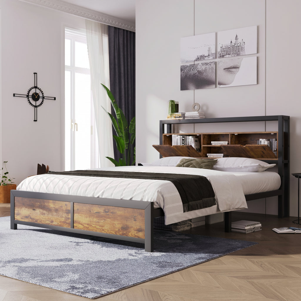 Metal Bed 140 × 200 cm with Storage Headboard Frame