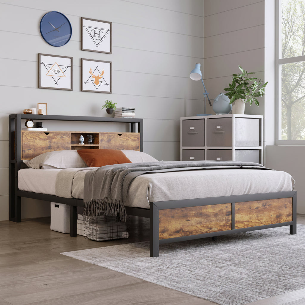 Metal Bed 140 × 200 cm with Storage Headboard Frame