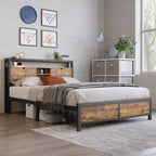 Metal Bed 140 × 200 cm with Storage Headboard Frame