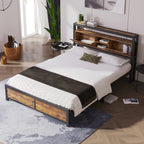 Metal Bed 140 × 200 cm with Storage Headboard Frame