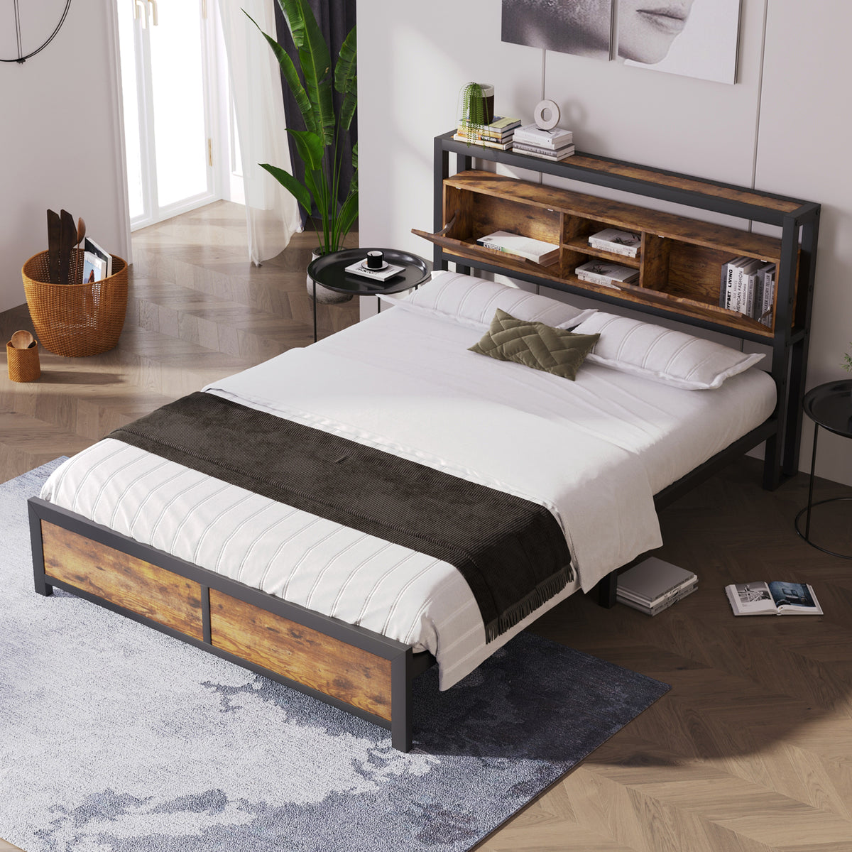 Metal Bed 140 × 200 cm with Storage Headboard Frame