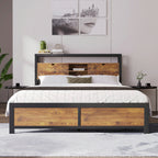 Metal Bed 140 × 200 cm with Storage Headboard Frame