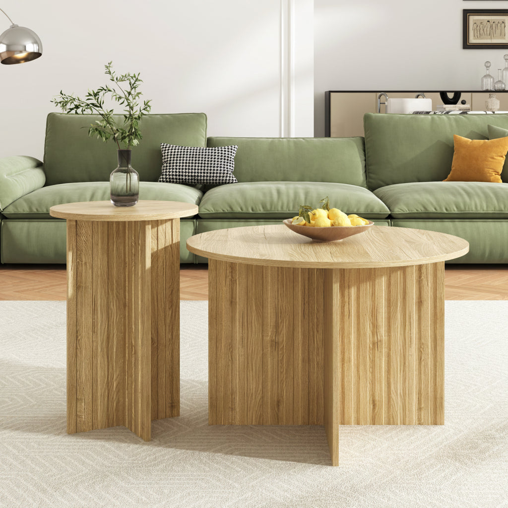 Modern 2-Piece Wooden Nest Table Set Scandinavian Round Design