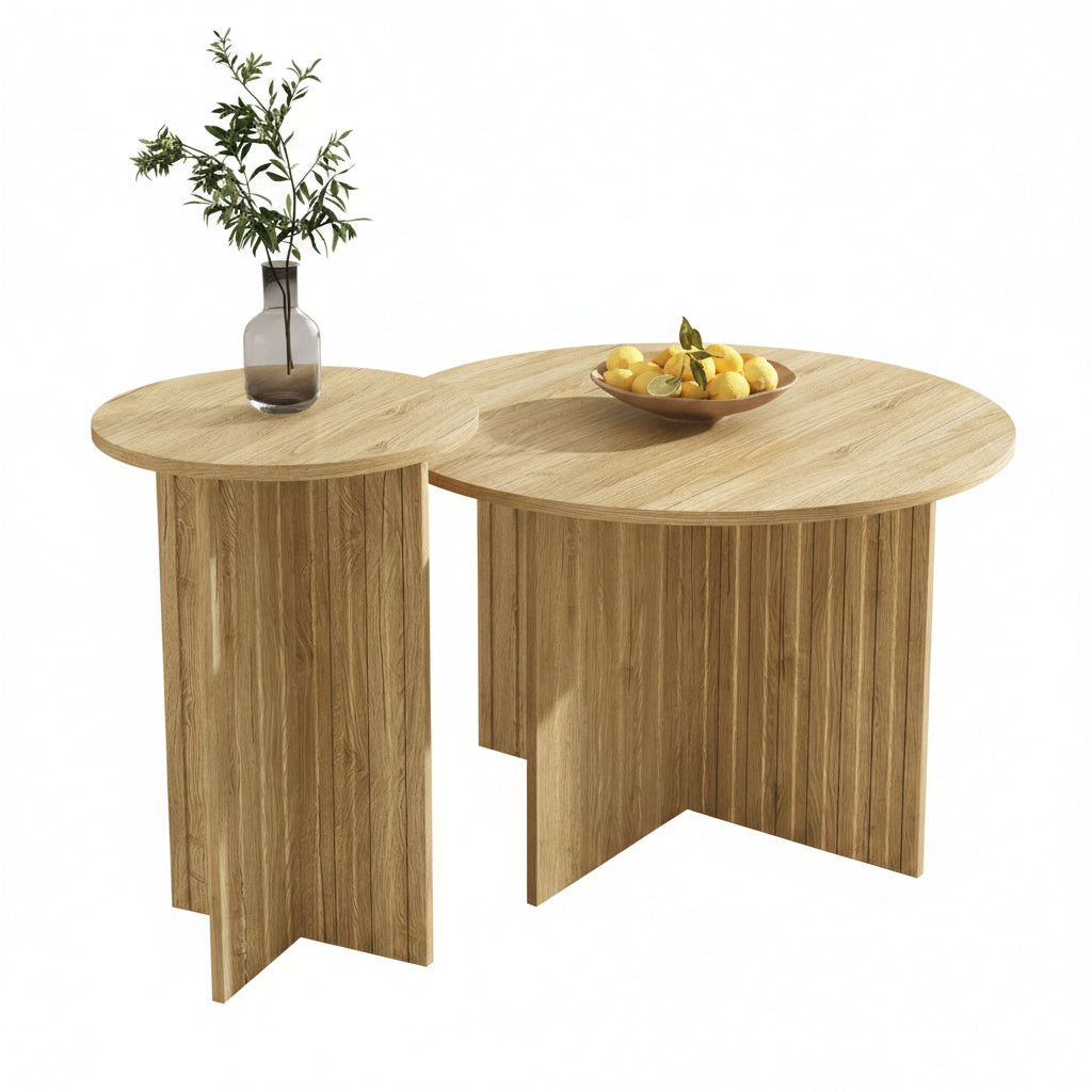 Modern 2-Piece Wooden Nest Table Set Scandinavian Round Design