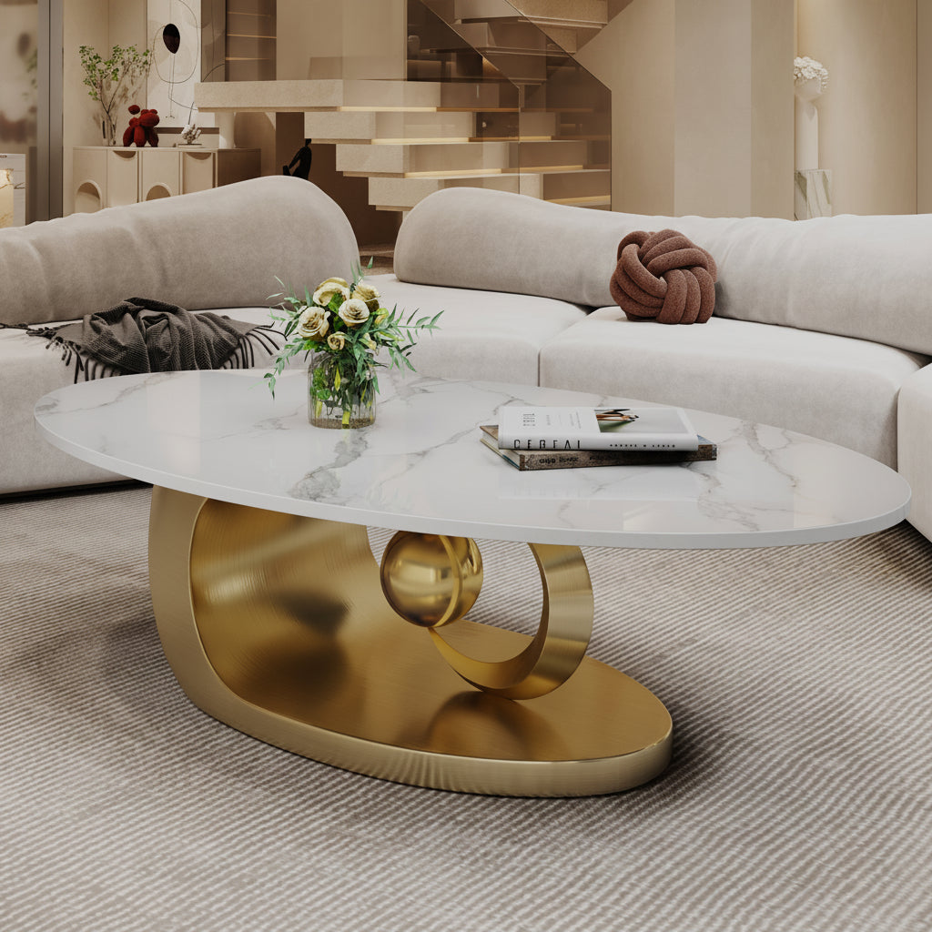 Modern Faux Marble Oval Coffee Table with Stainless Steel Base