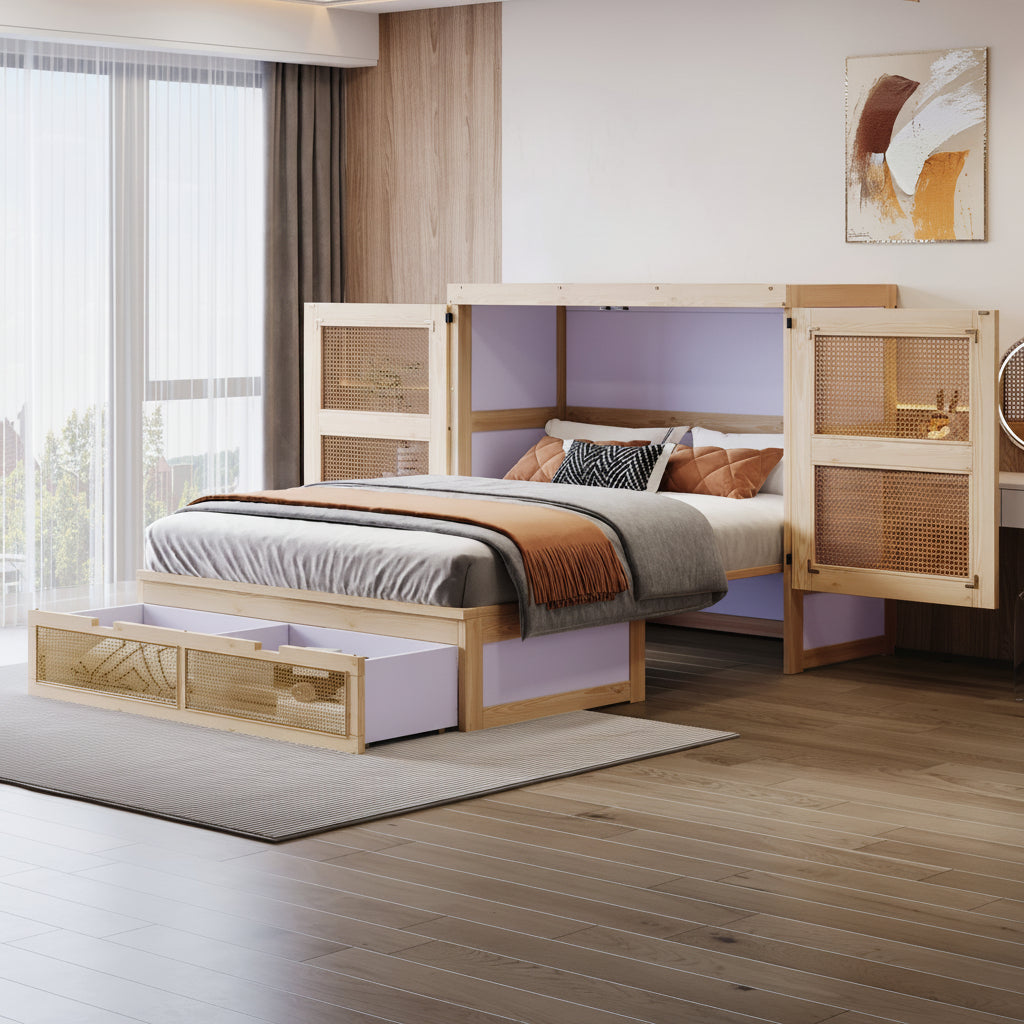 Murphy Bed 140 × 200 cm with Rattan Storage Drawers