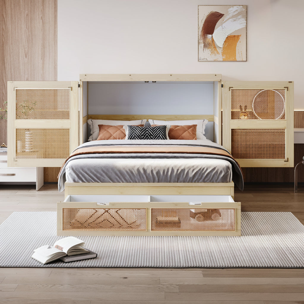 Murphy Bed 140 × 200 cm with Rattan Storage Drawers