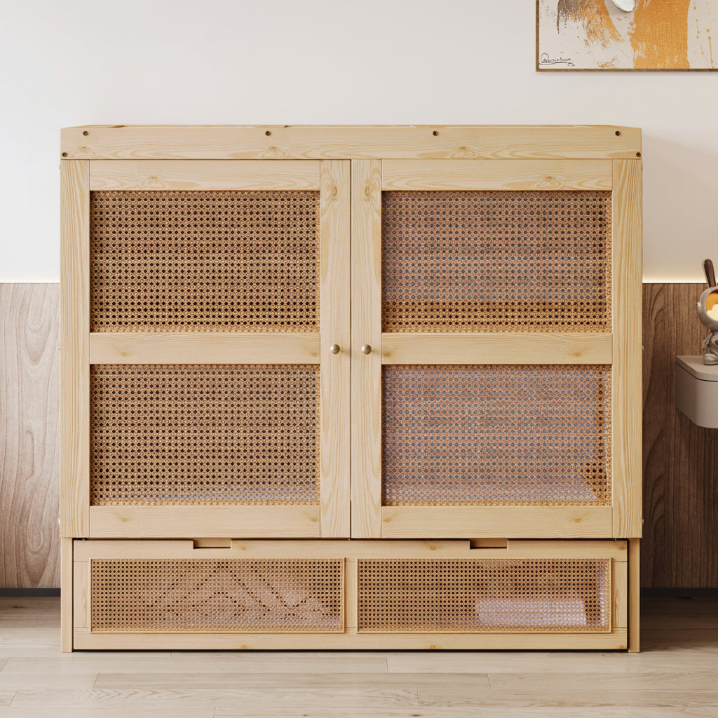 Murphy Bed 140 × 200 cm with Rattan Storage Drawers