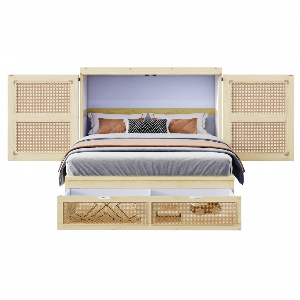 Murphy Bed 140 × 200 cm with Rattan Storage Drawers