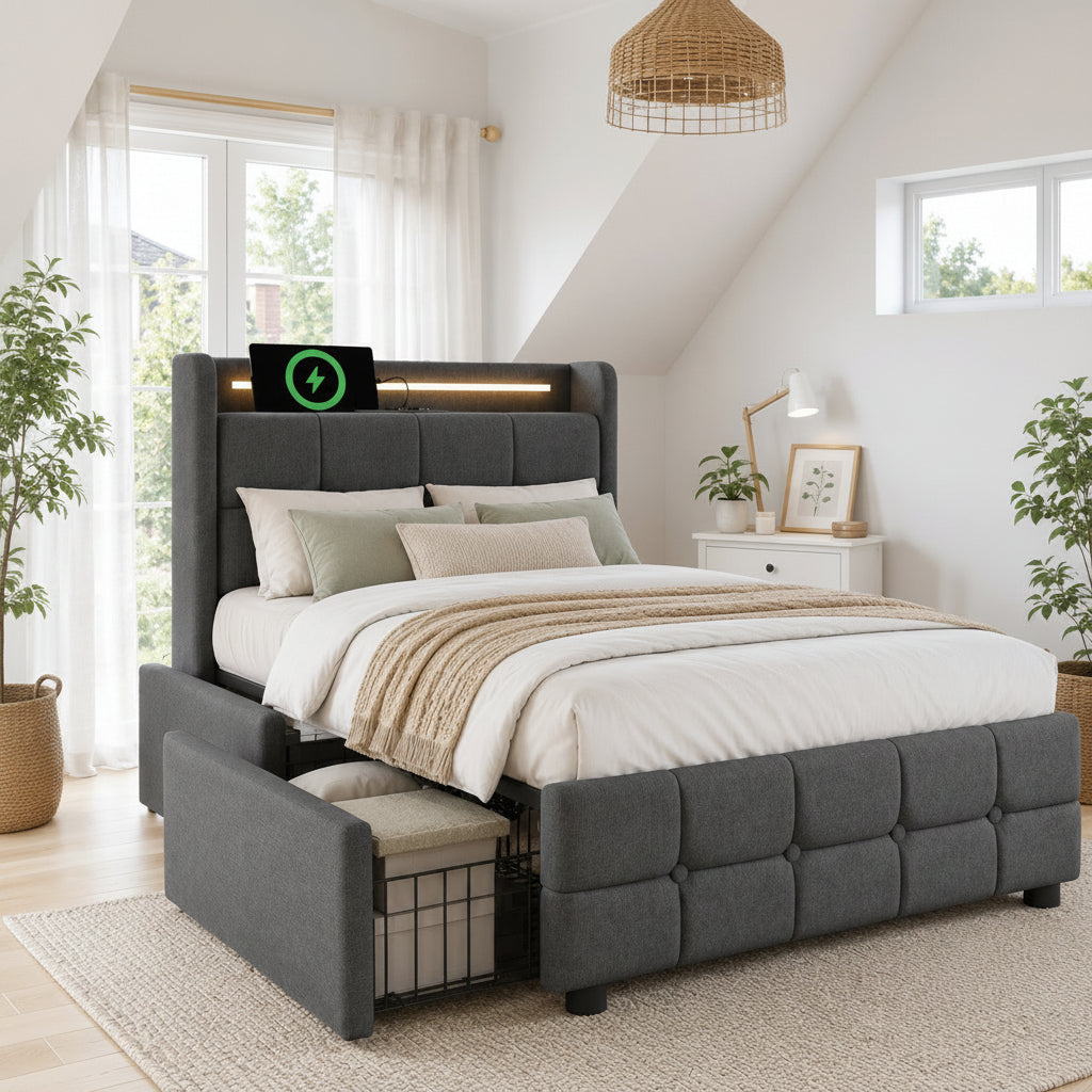 Upholstered Bed with USB Charging, LED Headboard