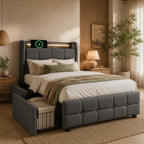 Upholstered Bed with USB Charging, LED Headboard